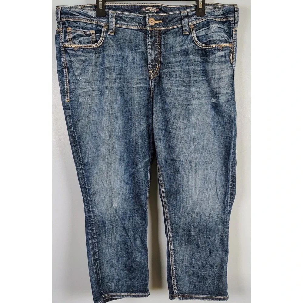 Silver Jeans Womens SZ 16 Elyse Capri Blue Denim Distressed Y2K Boho Western